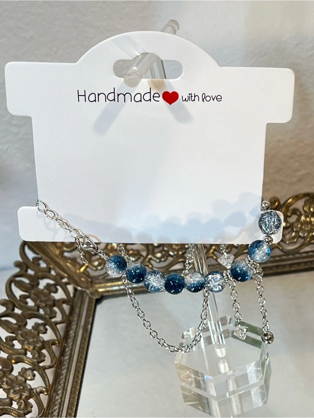 ☀️2/$20 Ice Blue Crackle Beaded Kids Bracelet | Silver Chain Accents